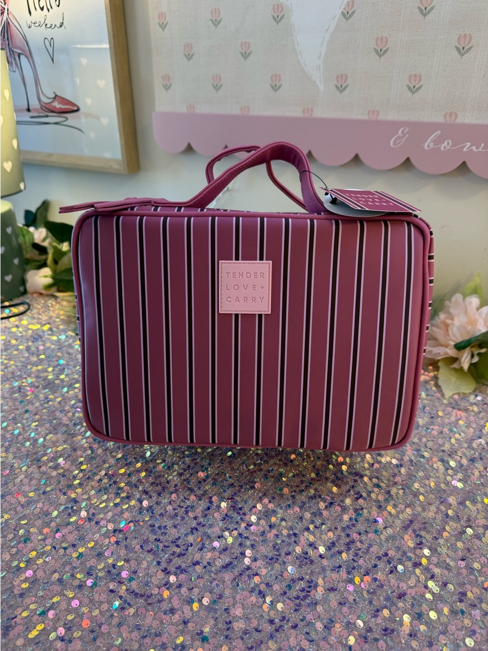 NWT Tender Love + Carry Toiletry Weekender Bag in Pink Vertical Striped Pattern